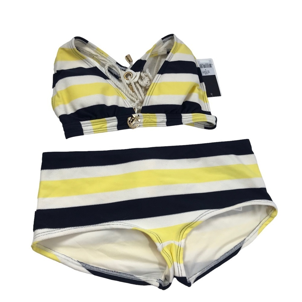 Juicy Couture 2pc Nautical Yellow Navy Stripe Swimsuit Boy Bikini Top S Bottom M